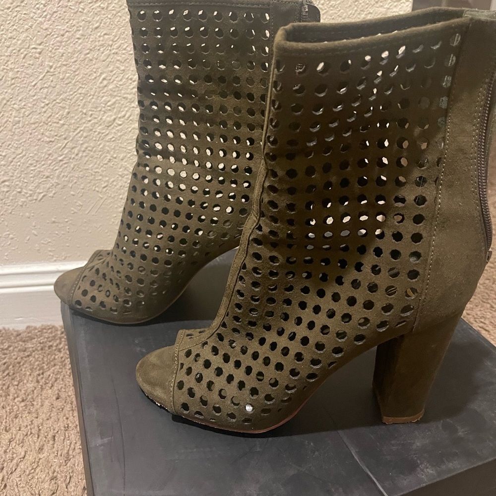 Olive green booties with the peep toe. Good condition. Material is suede.